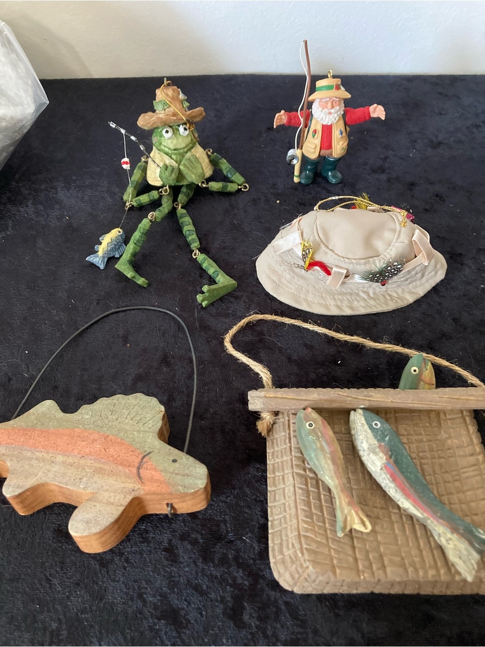 Whimsical Fishing Lodge Themed Ornament Set Santa Fisherman & Articulated Frog